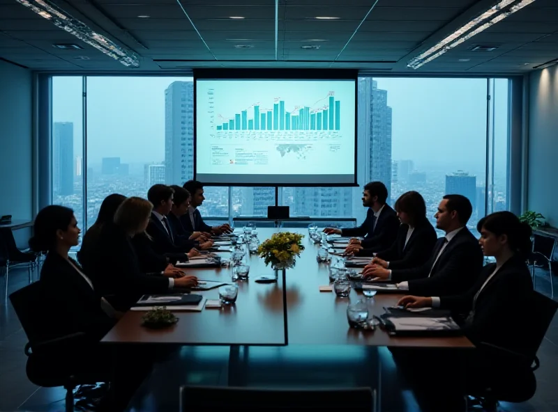 A modern conference room with people seated around a large table, engaged in a lively discussion. Projection screens display graphs and charts.