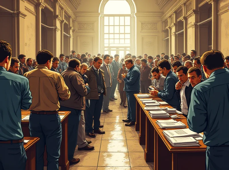 Illustration of a crowded courthouse hallway with people waiting and stacks of files.