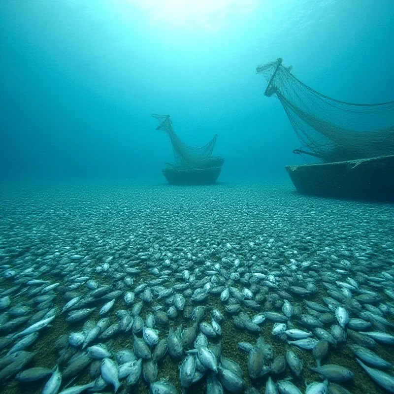 Underwater view of a seabed covered in thousands of dead fish, with fishing nets visible in the background.