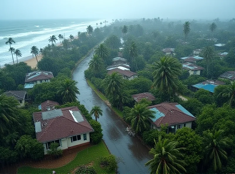Aerial view of a coastal town in Australia being hit by heavy rain and strong winds from a cyclone.