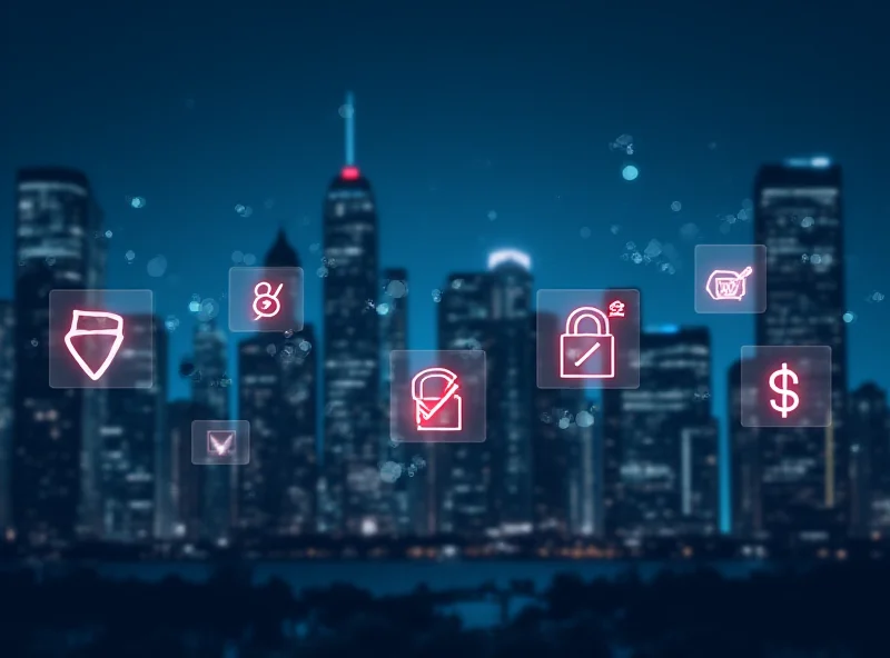 A stylized image of a city skyline with a blurred background and digital icons representing fraud in the foreground.