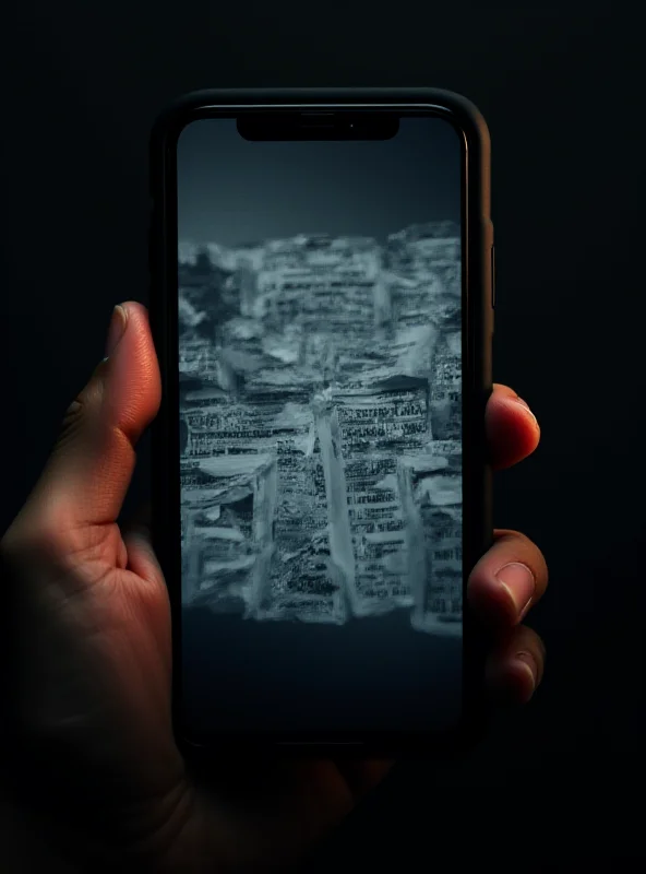 A close-up shot of a hand holding a smartphone, with distorted and fragmented news headlines displayed on the screen, symbolizing disinformation.