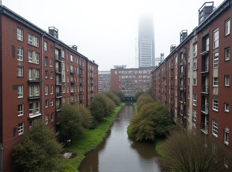 Overhead view of Hamburg's Veddel district showing older buildings and newer construction.