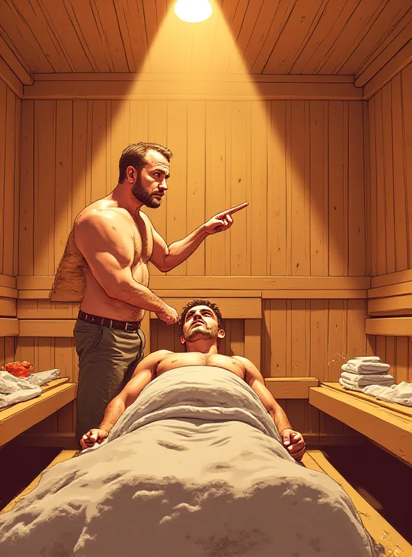Illustration of two men arguing aggressively over a sauna lounger in a luxurious sauna.