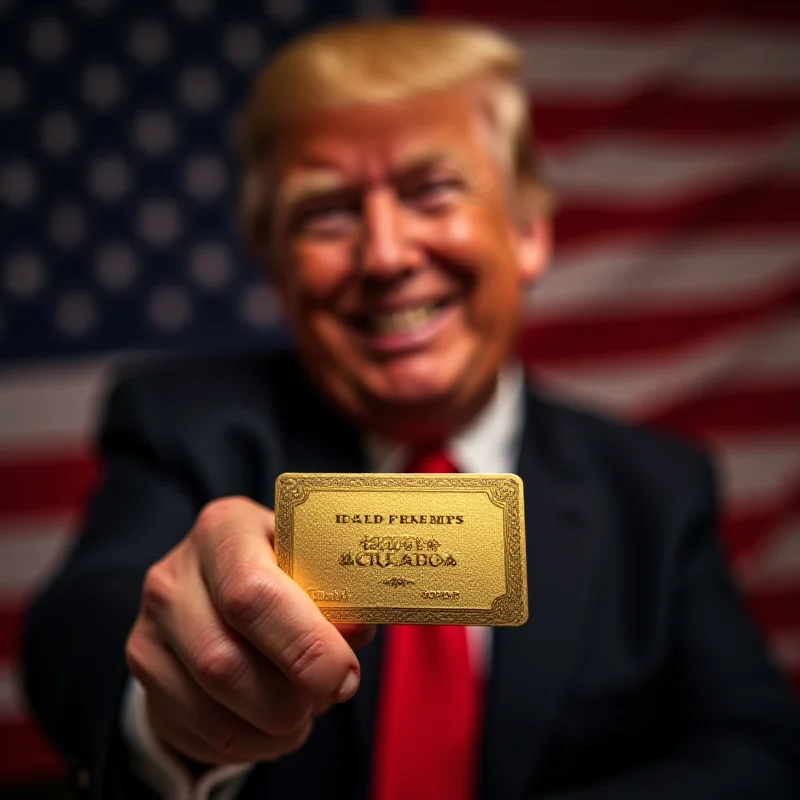 A digitally manipulated image showing Donald Trump holding a Gold Card with the American flag in the background.