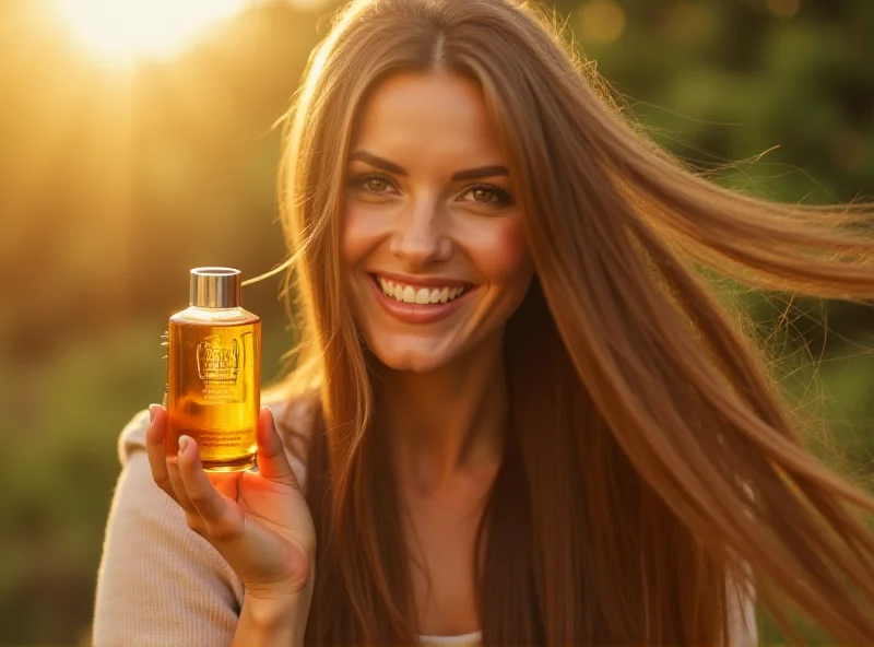 A person with long, healthy hair smiling and holding a bottle of hair serum.