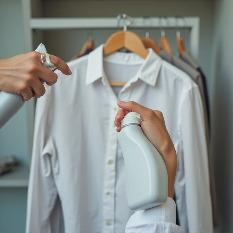 A person spraying wrinkle-remover spray on a shirt hanging on a hanger.