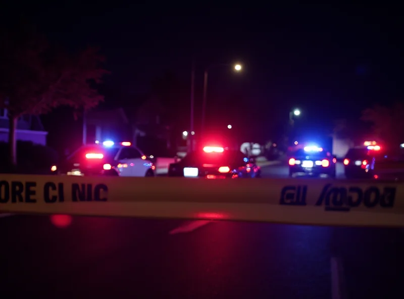 Police cars at night with flashing lights at a crime scene.
