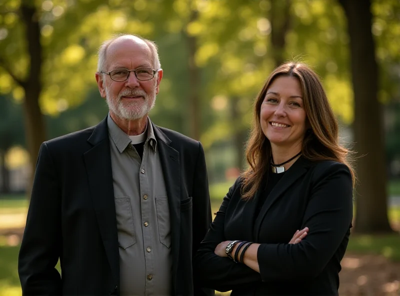 Jesuit priest Krzysztof Dzieńkowski smiling next to a woman outdoors on a sunny day.