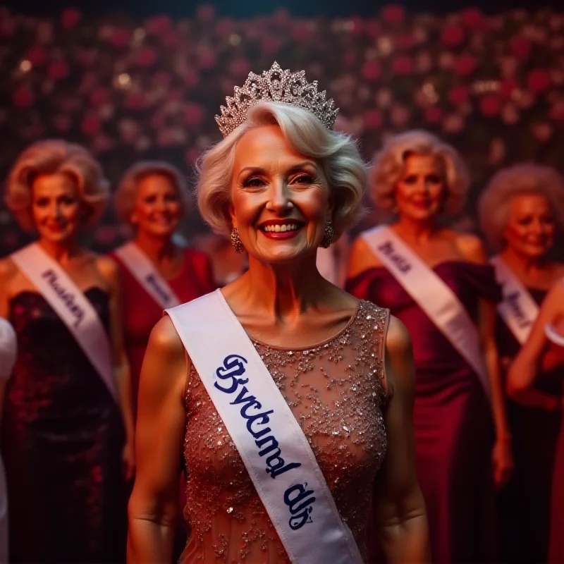 A smiling senior woman with a crown and sash, surrounded by other contestants.