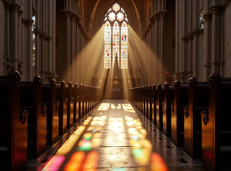 A Catholic church interior with stained glass windows.