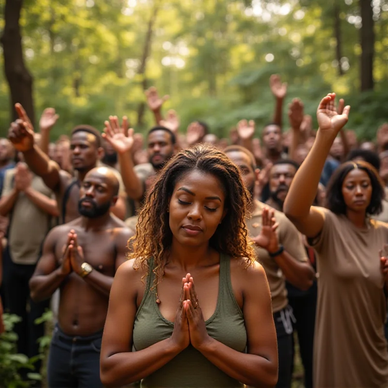 Diverse group of people praying in nature.
