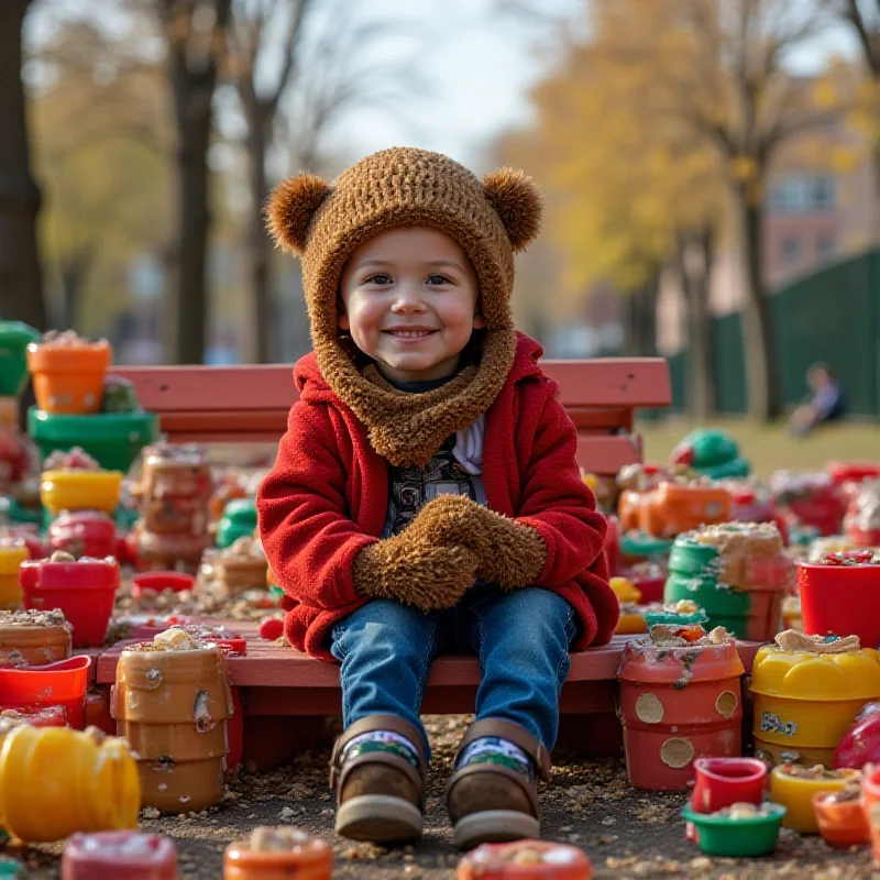 Six-year-old Teddy sitting on his newly gifted buddy bench, surrounded by sweet tubs.