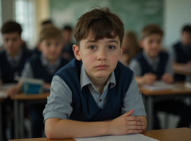 A teenager looking thoughtful in a school setting.