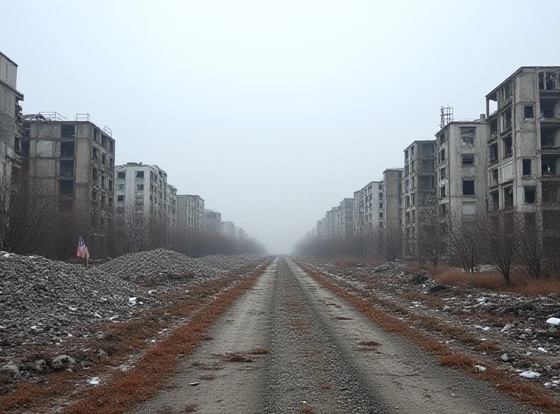 A view of a war-torn city in Ukraine, with signs of rebuilding.