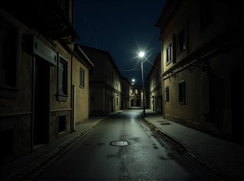 A somber scene depicting a quiet street in Ogliastra, Sardinia at night, with police tape in the background.