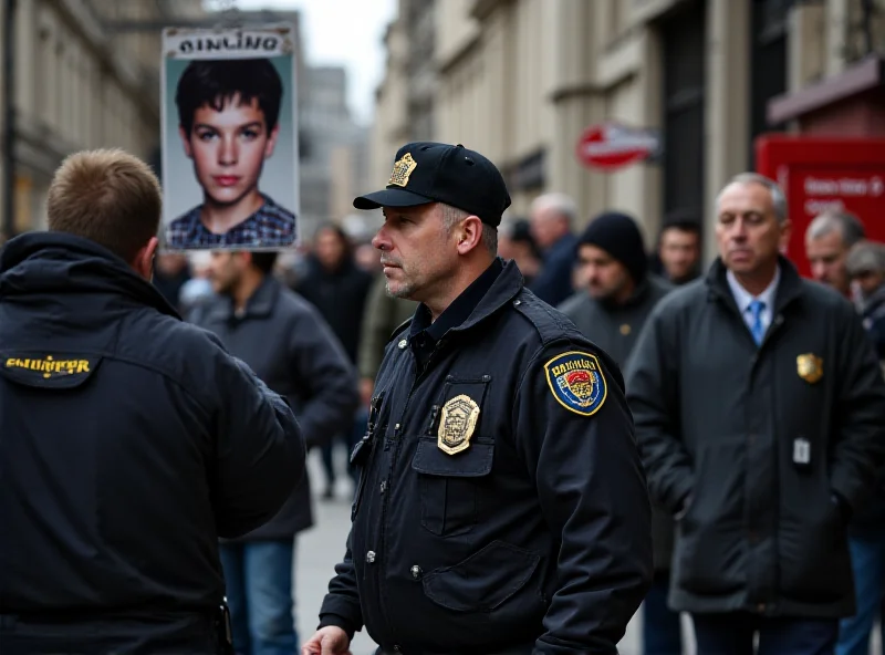 A concerned police officer looking at a missing person poster of a young boy.
