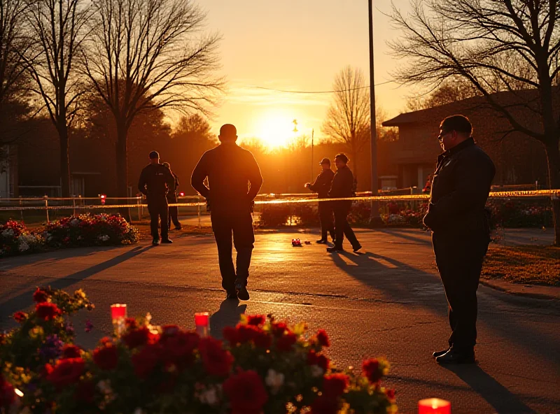 A police cordon surrounds a playground at sunset, with flowers and candles left as tributes.