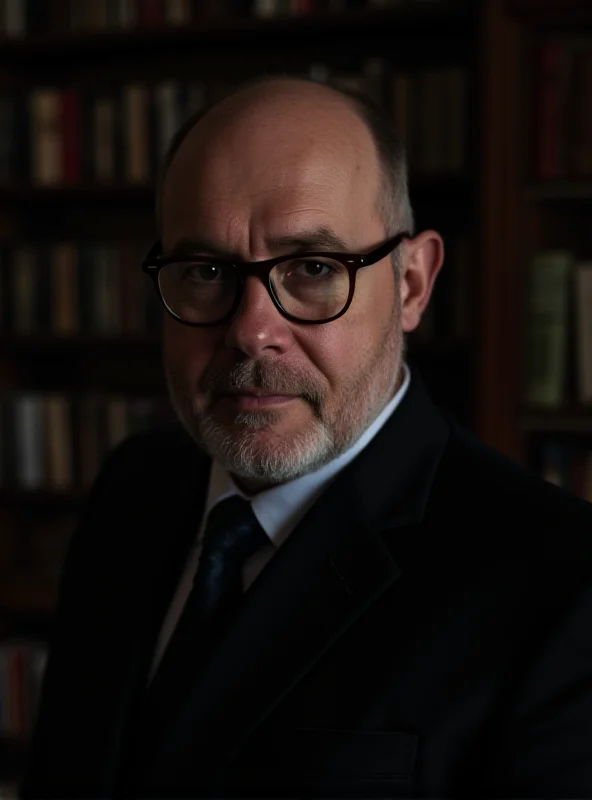 A somber portrait of Roman Madejowski, a Polish journalist and prose writer, standing in front of a bookshelf. He has a kind face and a thoughtful expression.