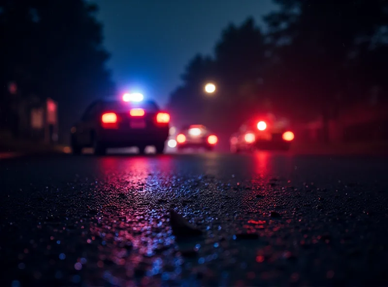 A blurred image of a car crash scene at night. Police lights flash in the background, and debris is scattered across the road. The overall tone is somber and conveys the dangers of reckless driving.