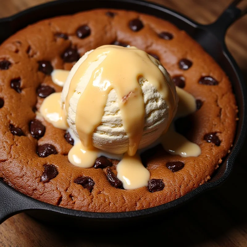 Close-up shot of a freshly baked chocolate and miso skillet cookie with a scoop of banana ice cream on top.