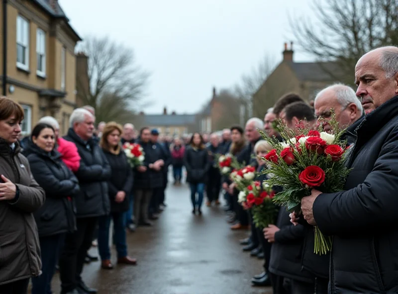 Mourners lining a street with flowers and tributes.