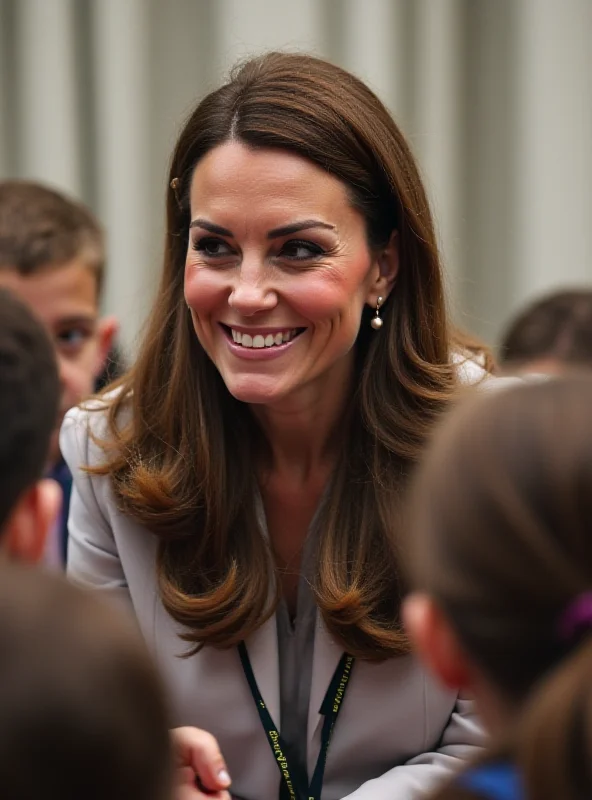 Kate Middleton smiling warmly, interacting with children at a school event. Background is slightly blurred to focus on her. Represents her dedication to children's well-being and education.