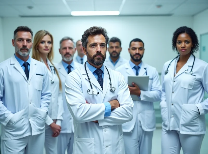 A diverse group of doctors standing in a modern hospital setting, looking determined and professional. Some are holding tablets or clipboards, suggesting a meeting or discussion about policy.