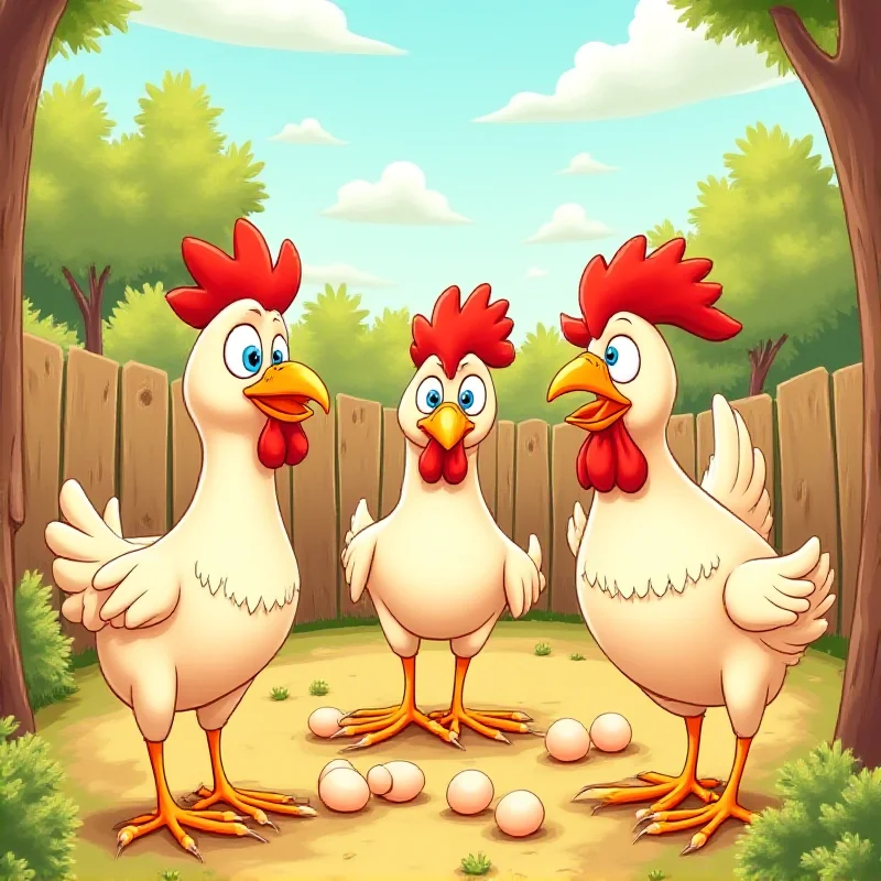 Illustration of three chickens, one named Matilde, standing in a farmyard