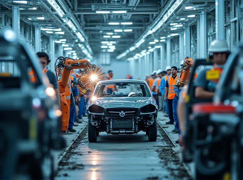 A modern car factory assembly line with robotic arms building vehicles.