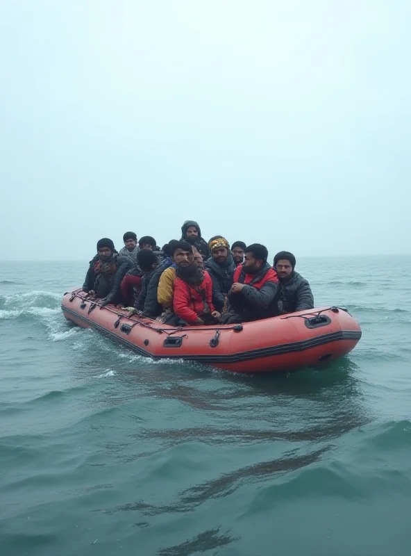 A small, overcrowded boat crossing a choppy sea under a grey sky.