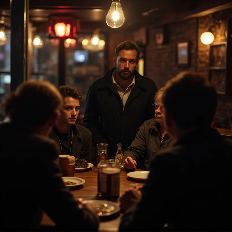 CCTV still of a man in a crowded pub looking suspiciously at a young girl sitting with her family.