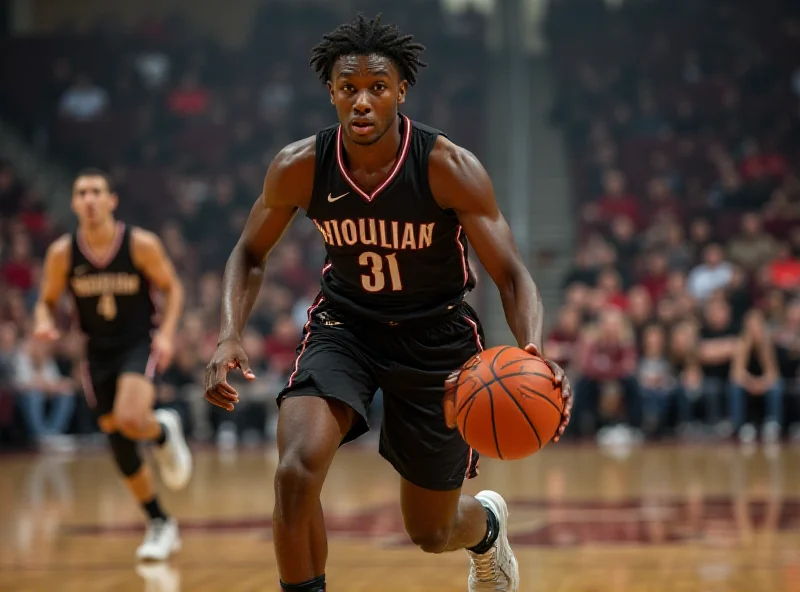 Basketball player dribbling down the court during a high school game.
