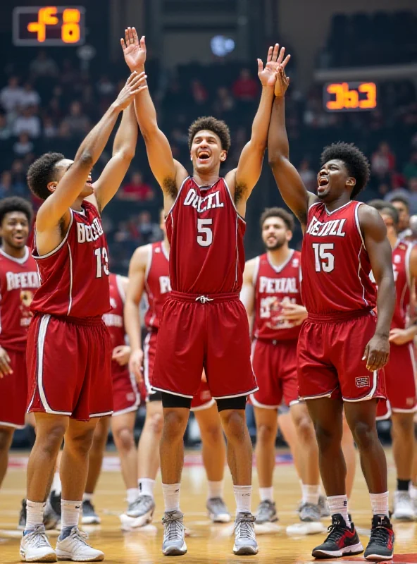 Group of high school basketball players celebrating a victory on the court.