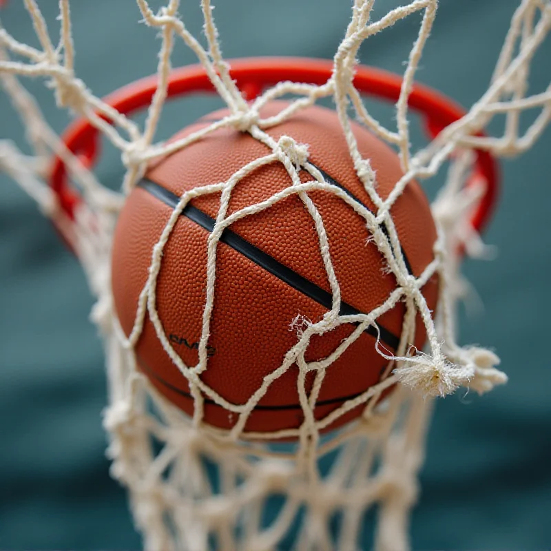 Close-up shot of a basketball net after a successful shot during a high school game.