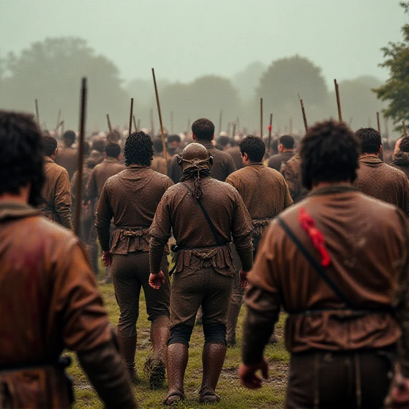 A chaotic scene from a medieval football match in Derbyshire, England, with many players and spectators.
