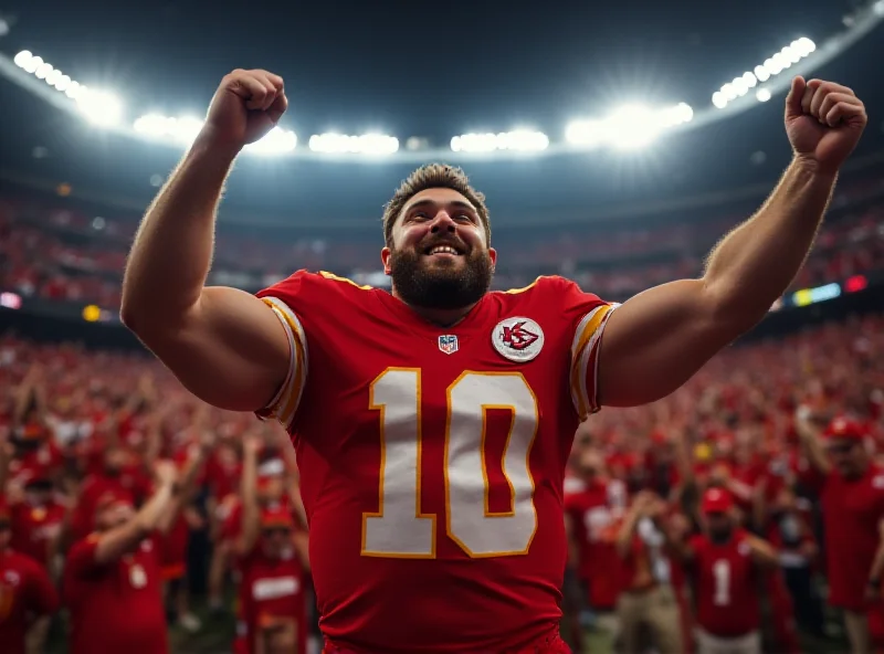 Travis Kelce smiling and celebrating a touchdown during a Kansas City Chiefs game.