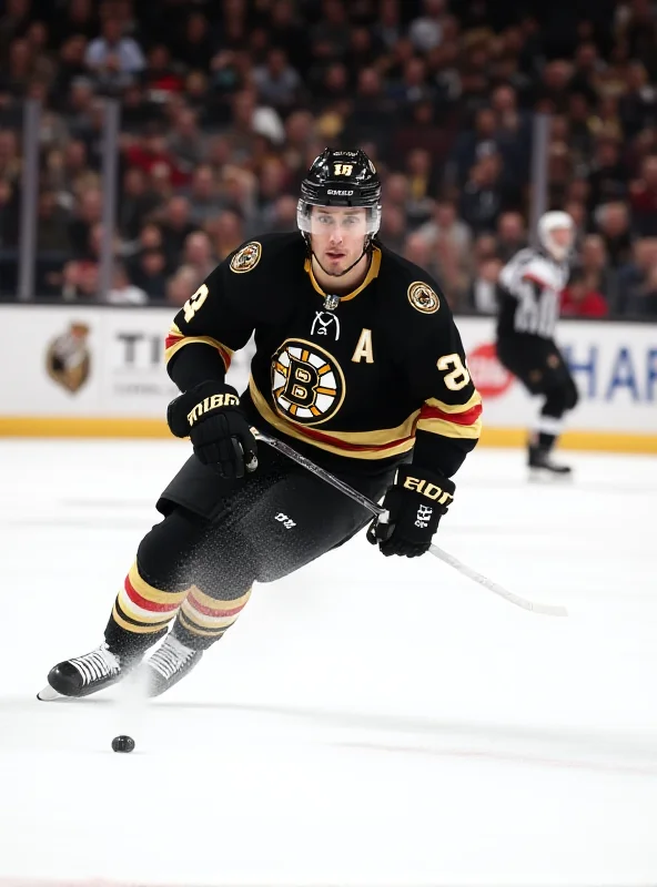 A Boston Bruins player skating with the puck during a game.