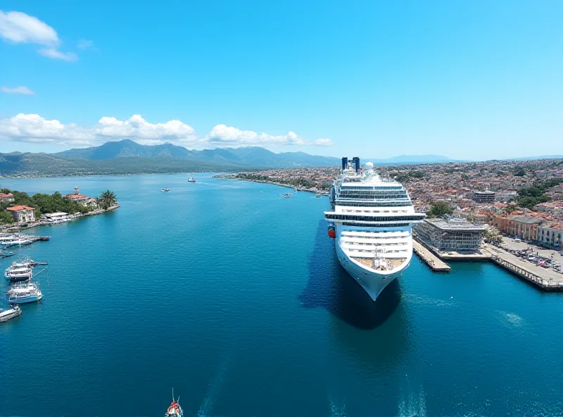 Aerial view of large cruise ship docked in a bustling port city.