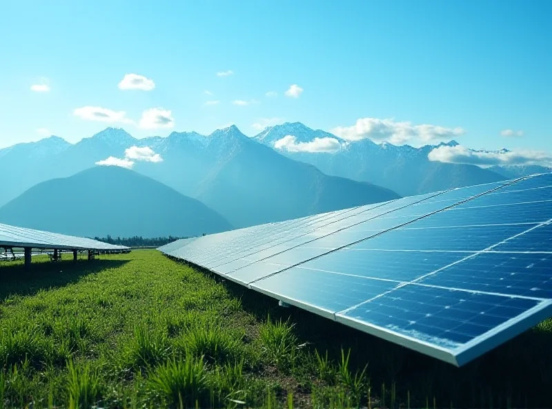 Close-up of solar panels in a field, with mountains in the background.