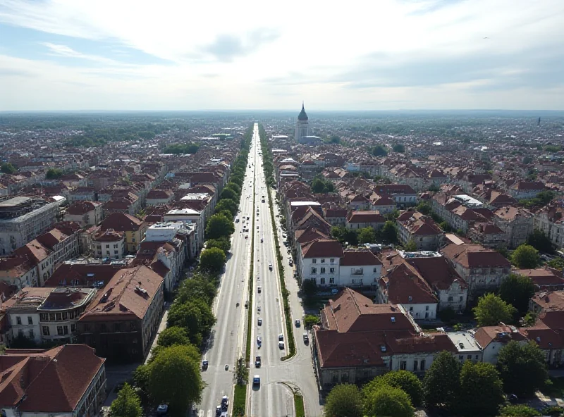 Aerial view of Nitra city center with traffic congestion.