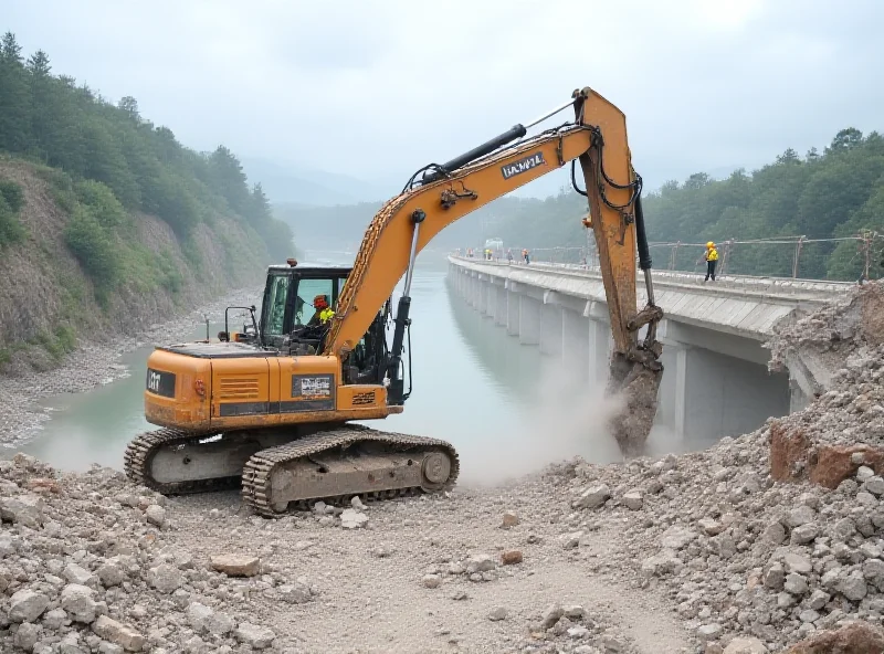 Construction workers demolishing a bridge with heavy machinery.