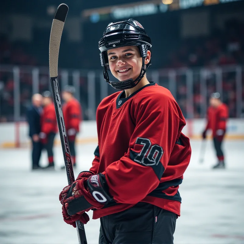 A young hockey player in full gear, smiling confidently. The player is standing on the ice rink and holding a hockey stick. The background shows other players and coaches, suggesting a team environment.