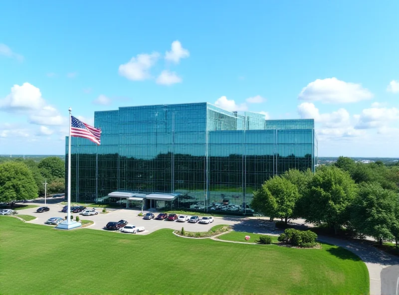 An aerial view of the NOAA headquarters, a modern glass building reflecting the sky, with the American flag waving in front.