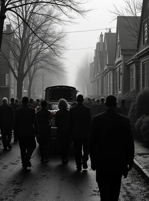 A somber scene depicting a funeral procession in a small town, with mourners walking behind a hearse on a tree-lined street.