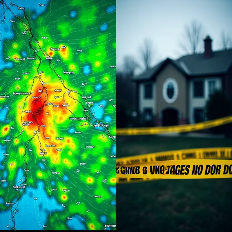 A split image, the left side showing a radar screen with swirling storm patterns, and the right side showing a police crime scene tape blocking off an area around a house.