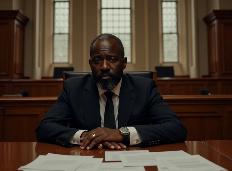 Noel Clarke in a courtroom setting, looking determined, with legal documents visible in the foreground.