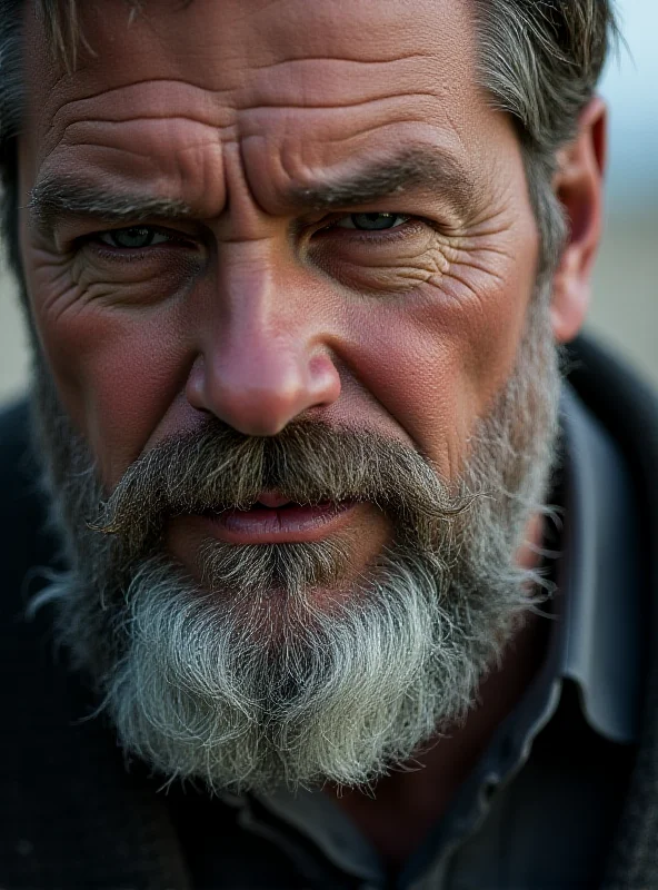 A dramatic close-up photo of Matt Damon with a long, thick grey beard and mustache, looking pensively into the distance.