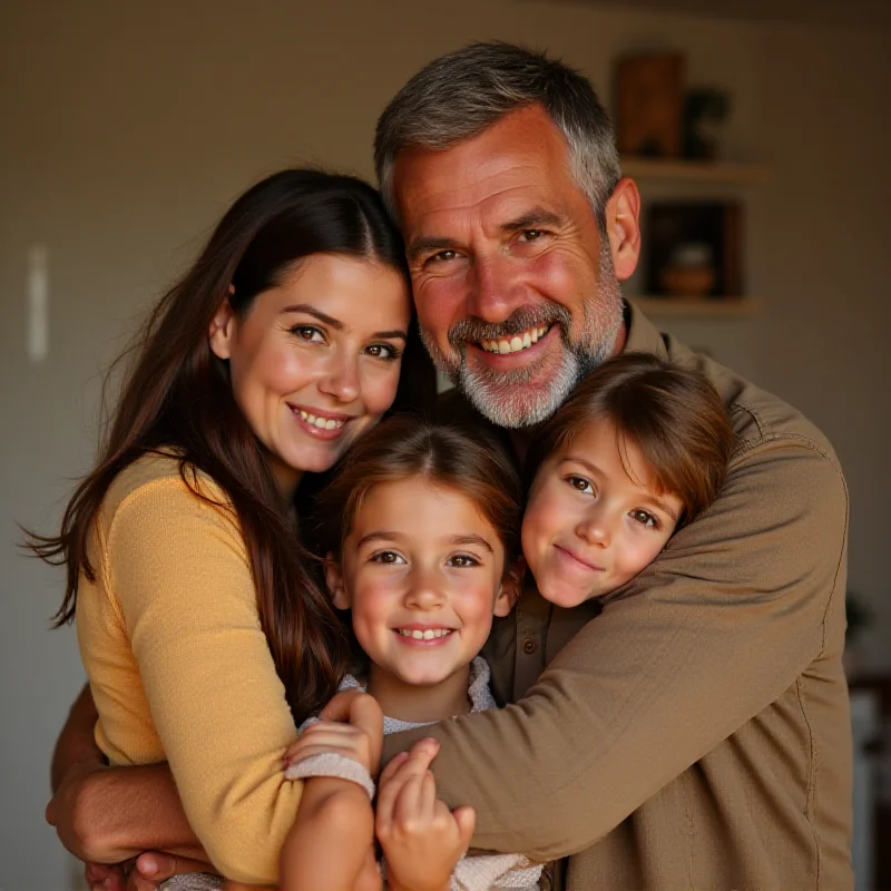 A warm and candid photo of a family, consisting of a woman in her late 20s or early 30s, a man in his late 50s or early 60s, and two young children, a girl around 10 and a boy around 8. They are all smiling and embracing, showcasing a loving family dynamic.