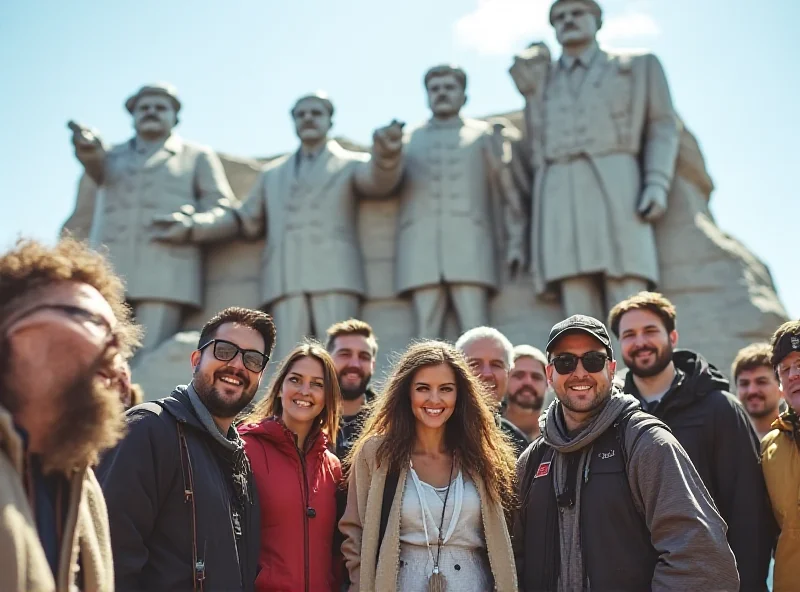 A group of diverse tourists standing in front of a North Korean monument, smiling and taking pictures.